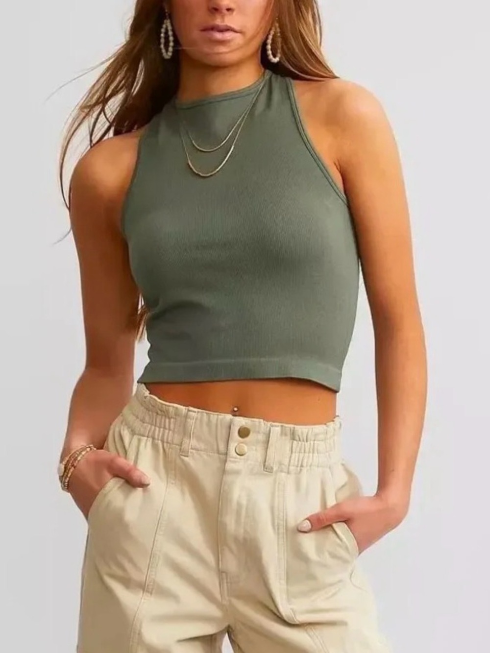 Free People Ribbed High-Neck Crop Tank Top - Navy Green